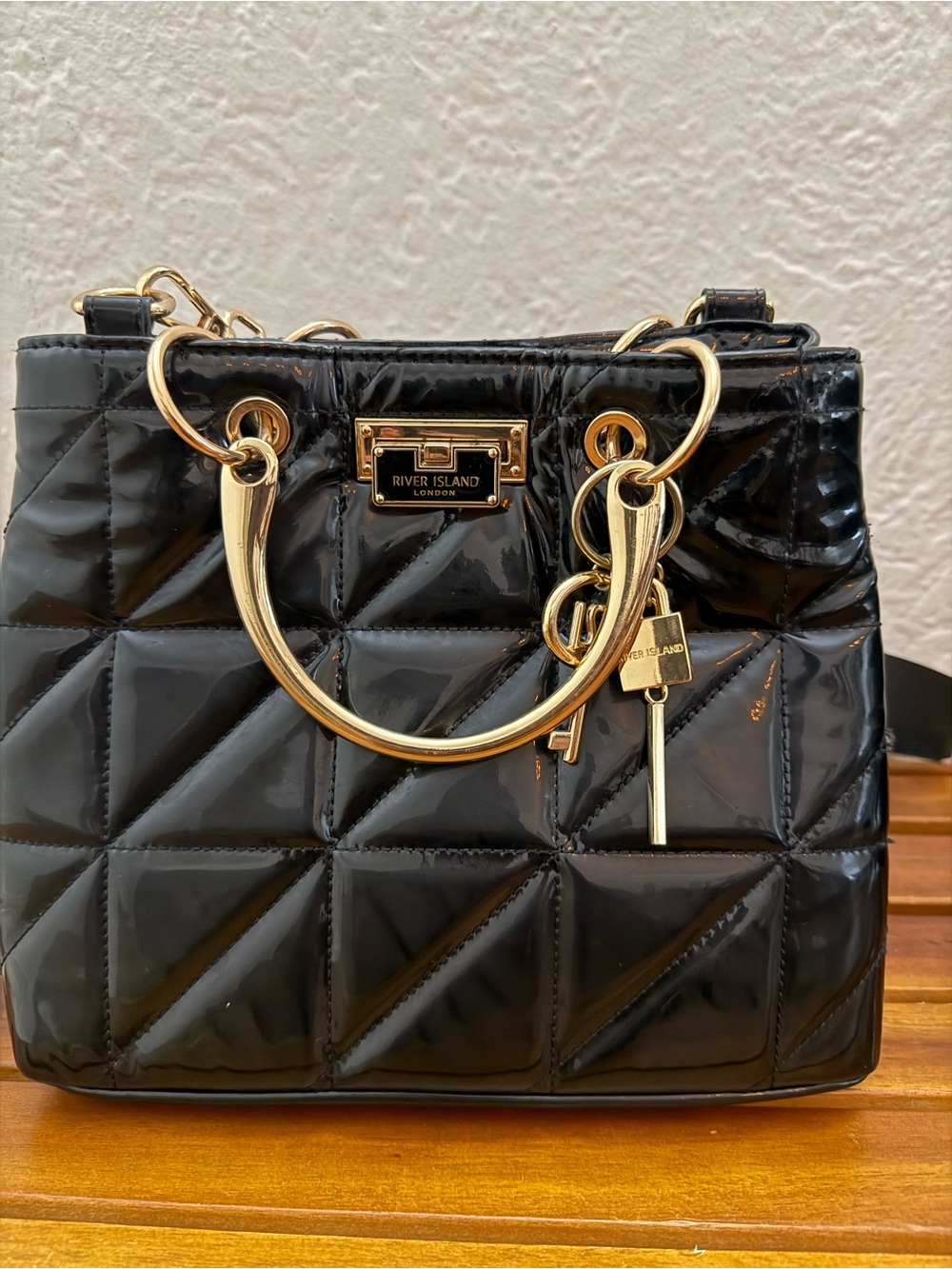 River Island Black Quilted Patent Satchel with Gold Hardware